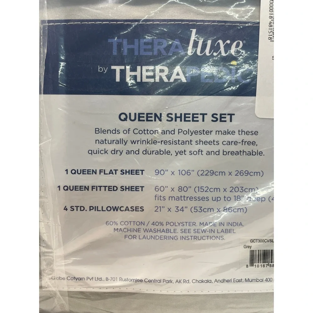 TheraLuxe by Therapedic Sheet Set Queen Grey NEW 6 Piece Peached Percale 300TC